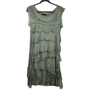 Women's Brook Willow Raw Edge Silk Tiered Layered Green Mini Dress S Scoop Neck